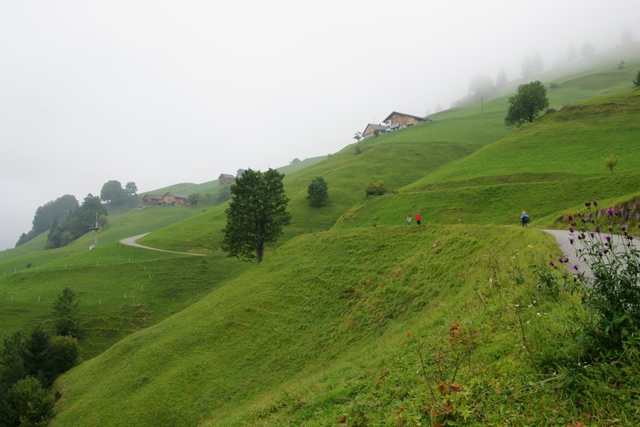 Wanderweg zur Parzelle Windegga bei Marul mit traditionellen Walser-Paarhöfen